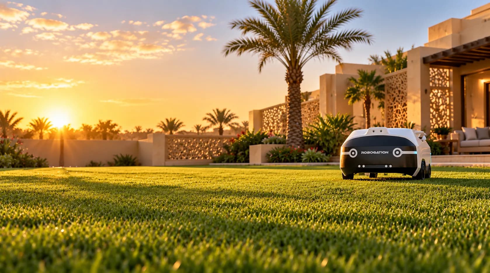 Robogation robot on a villa lawn at sunset